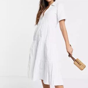 Stradivarius White Poplin Button Front Tier Collared Midi Dress